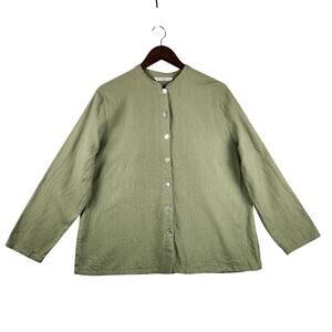 French Laundry Pleated Blouse Women's SZ L Linen/Rayon Pearl Buttons Back Detail